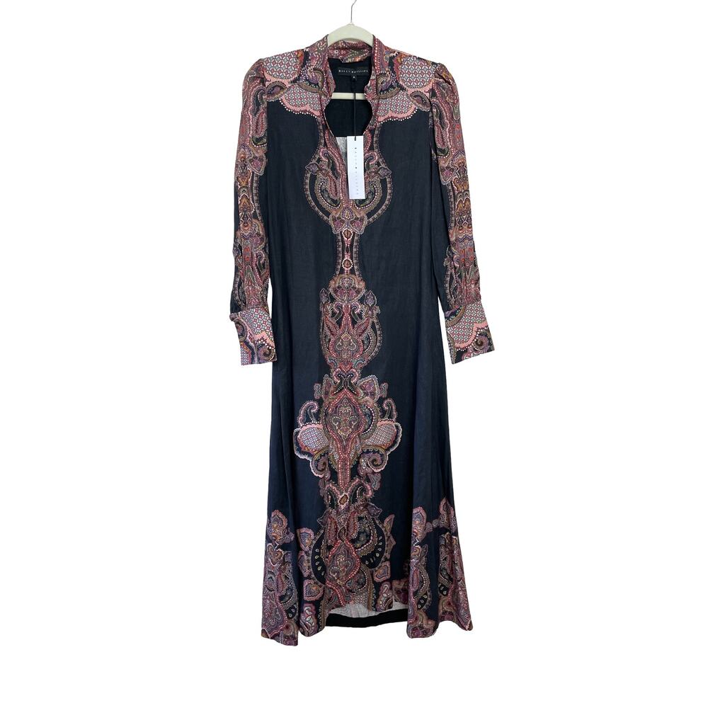 NWT Sally Philips Linen Viscose Dark Boho Button Up Maxi Dress Size 6 Stylish